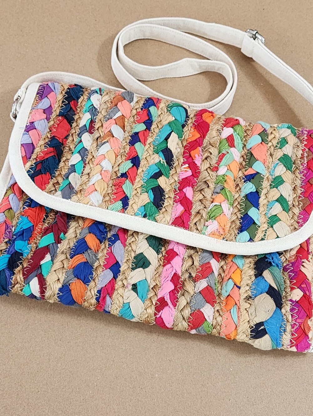 Grace & Lace Multicolor Woven Jute Canvas Crossbody Bag Purse 12"x9"Excellent